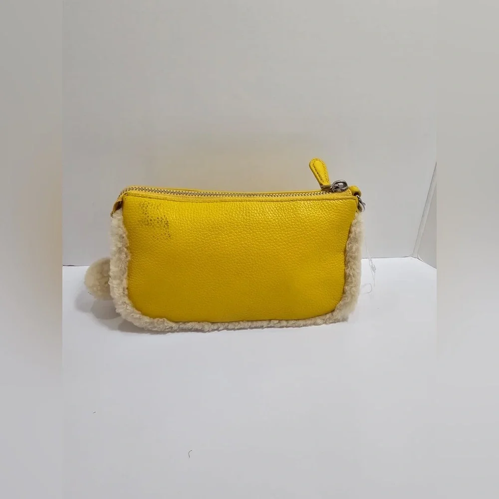NWT Coach Yellow Pebbled Leather Mini Wristlet with Shearling Accents
